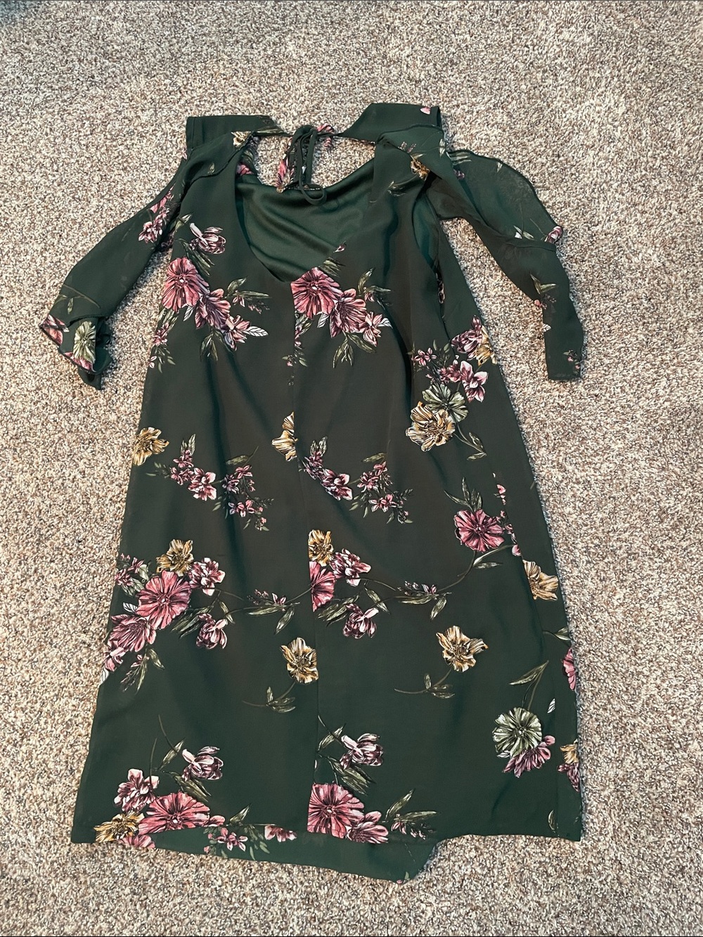 Dark Green Floral Cold-Shoulder Dress - Picture 2 of 2